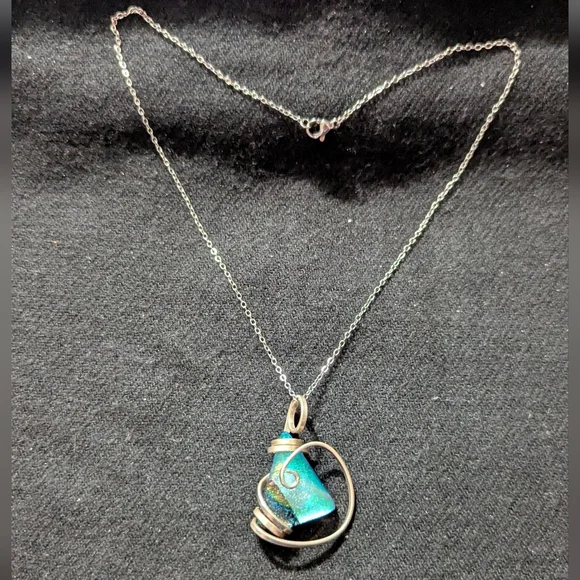 Handcrafted Sterling Silver Blue Black Iridescent Dichroic Glass Pendant Necklac - Picture 2 of 4